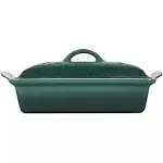 Le Creuset Olive Branch Collection Stoneware Heritage Covered Rectangular Casserole, 4 qt., Artichaut with Embossed Lid