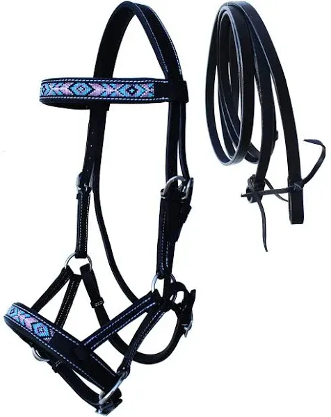 Horse Western Black Leather Beaded Bitless Padded Sidepull Bridle Reins 77RS20BK