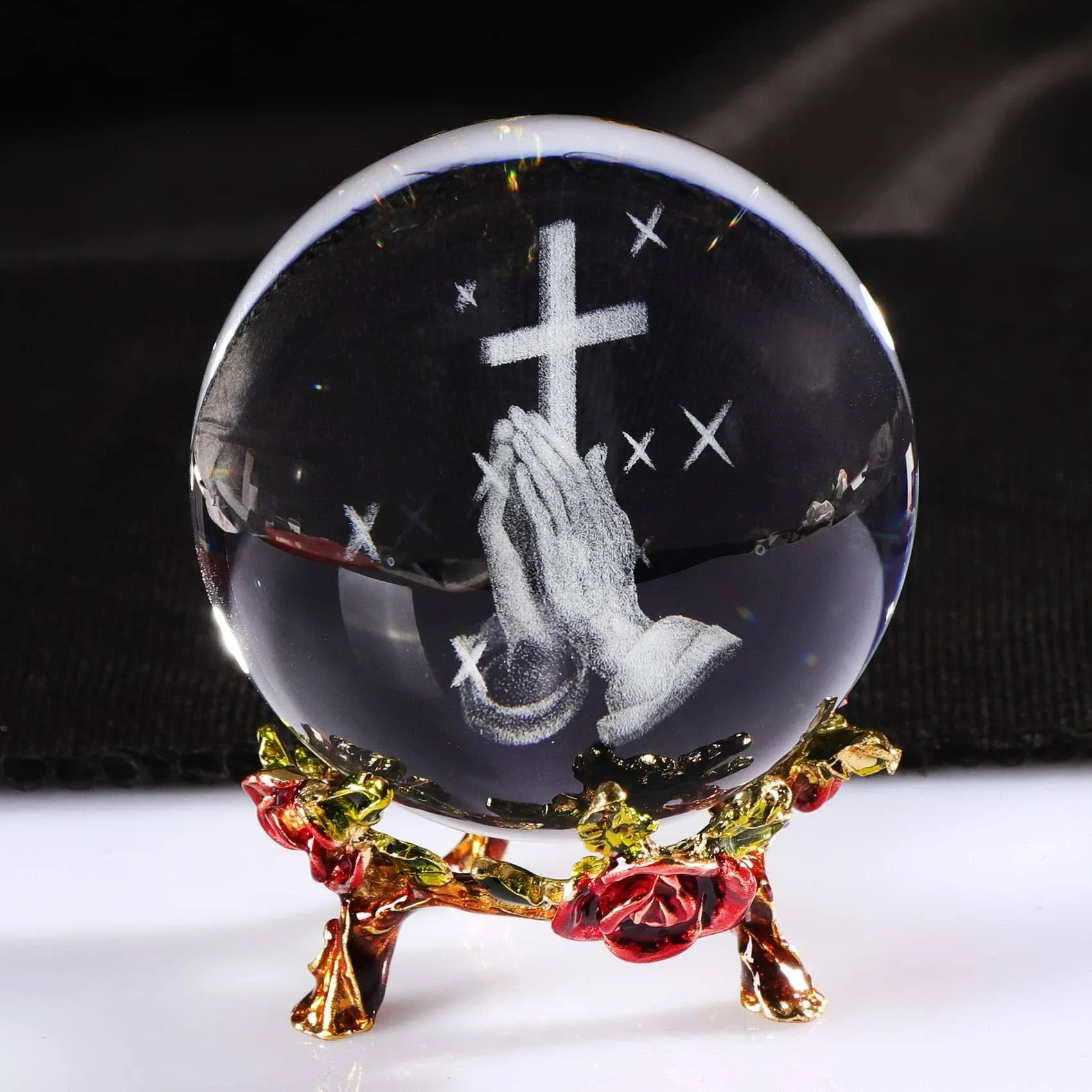 Ornalrist 60mm Crystal Ball Engraved 3D Hand Holding A Cross Figurine with Rose ...