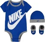 Nike 3 Piece Baby Boys Gift Set 6-12 Months Bodysuit Booties Hat Blue Gray