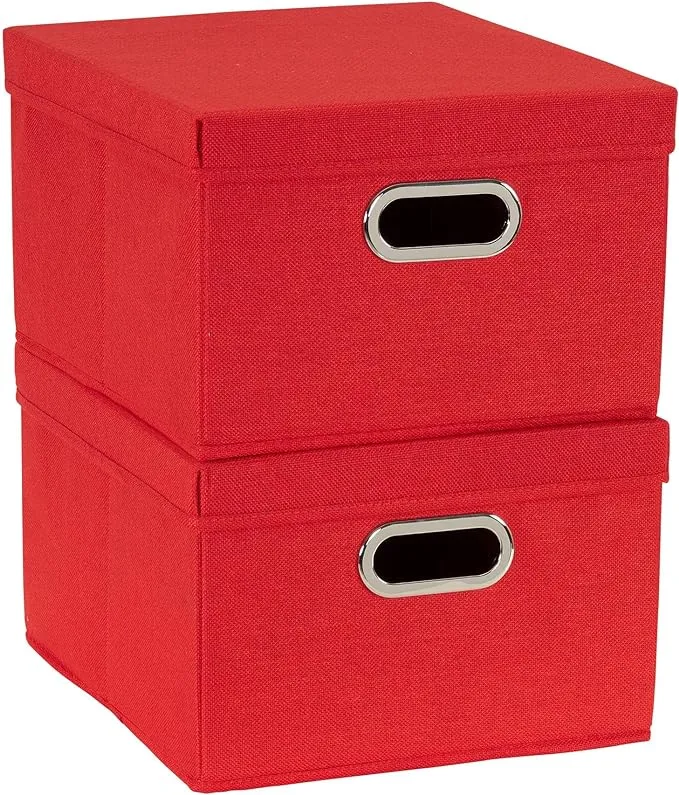 Household Essentials Storage Bins with Lids and Chromed Grommet Handles, Set of 2, Textured Linen Look, Red