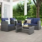 Wisteria Lane 4 Piece Outdoor Patio Furniture Sets, Wicker Conversation Set for Porch Deck, Grey Rattan Sofa Chair with Cushion (Blue)