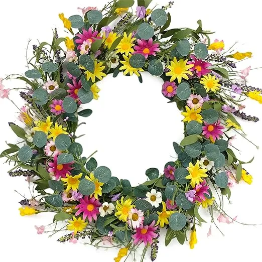 20" Artificial Spring Wreaths, White Pink and Yellow Daisy Wreaths, Front Door Window Home Decor Wreaths and Holiday Celebrations