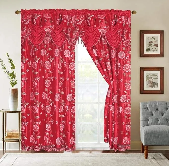 GLORY RUGS Flower Curtain Window Panel Set Luxury Curtains with Attached Valance