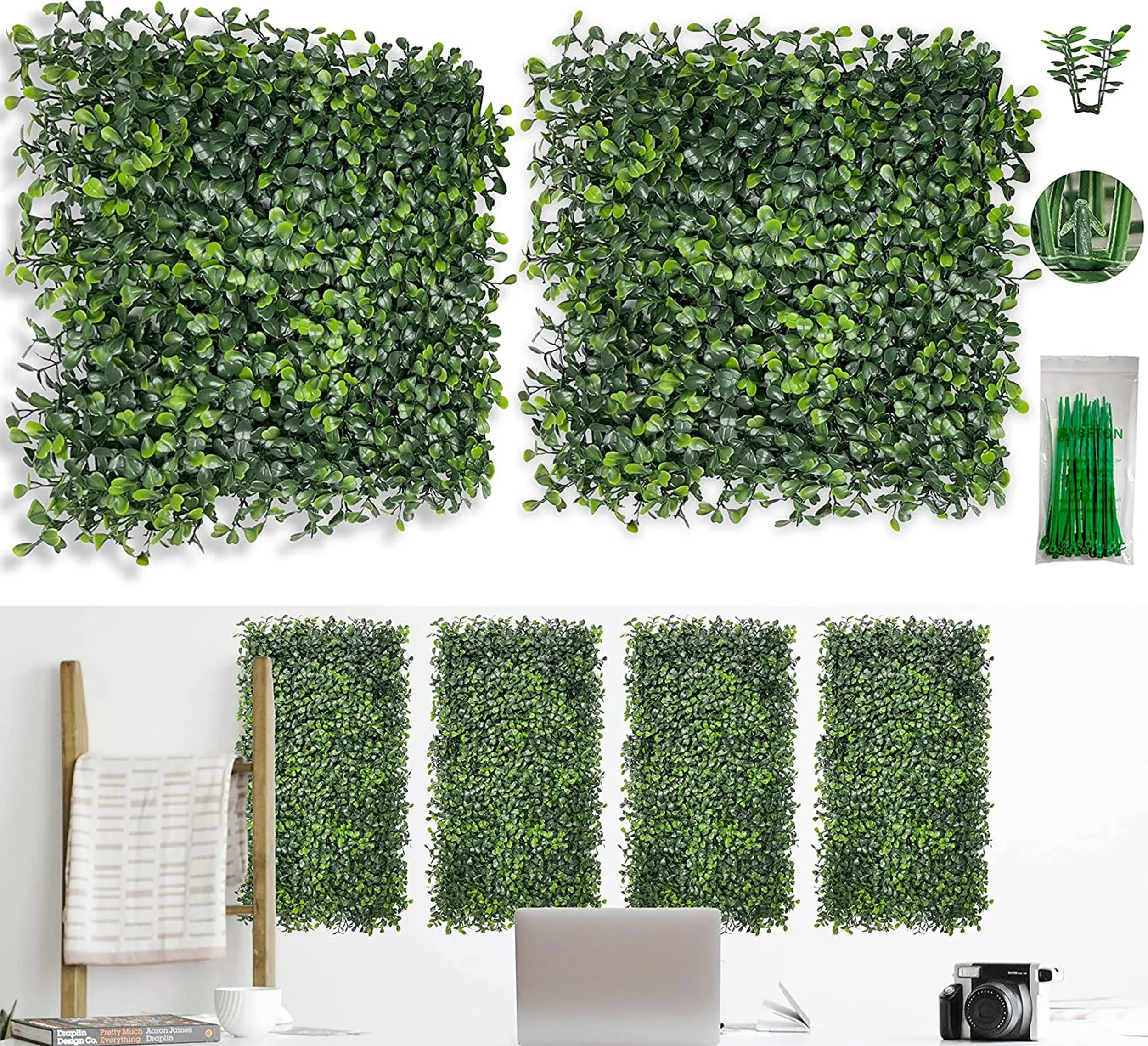 Bybeton Artificial Grass Wall Panel,10"x 10"(12pcs) Boxwood Faux Green Wall Panels for Interior Wall, Backdrop Wall,Garden Wall and Indoor Outdoor Plant Wall Decor