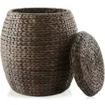 Casafield Round Storage Basket with Lid, Espresso - Handwoven Water Hyacinth Hamper for Laundry, Blankets, Plants