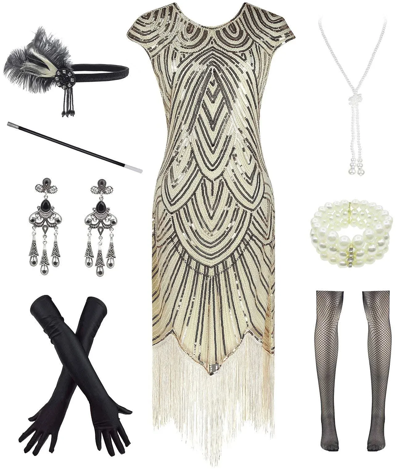 Women 1920s Vintage Flapper Fringe Beaded Gatsby Party Dress with 20s Accessorie