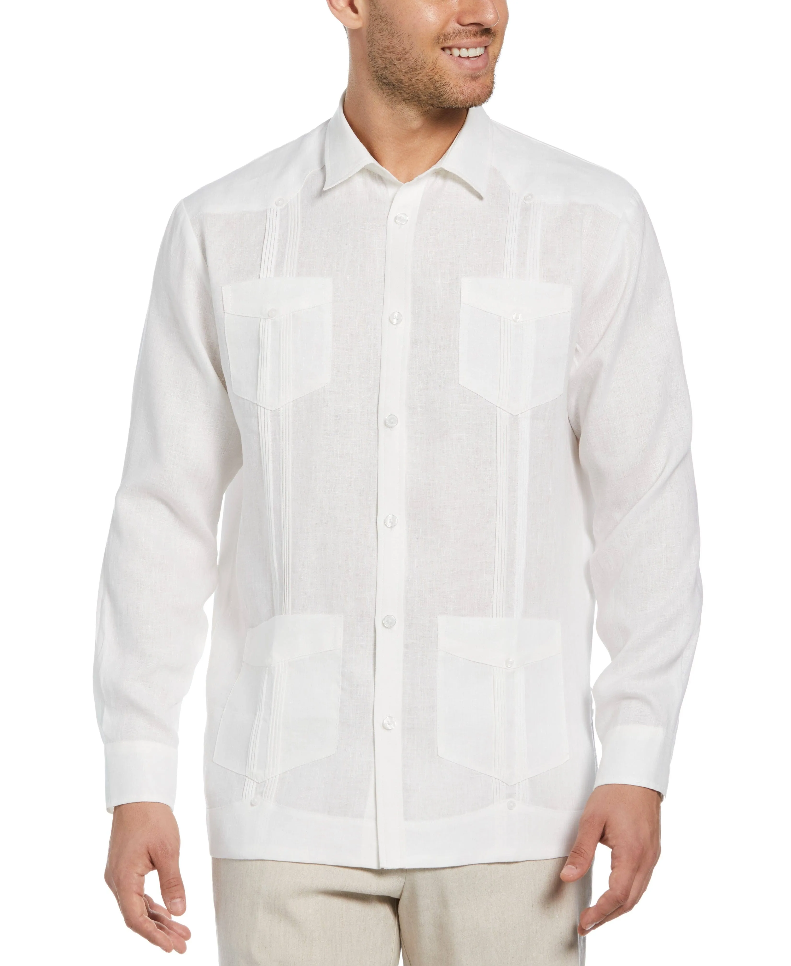 Cubavera 100% Linen Long Sleeve Guayabera Shirt - Bright White