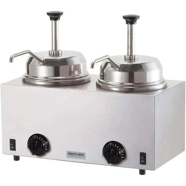 Server Products 81230 Twin Topping Warmer with Pumps, Dispenses Condiments Sauces and Toppings, Fits Two 3-Quart Jars (Not Included), Stainless Steel