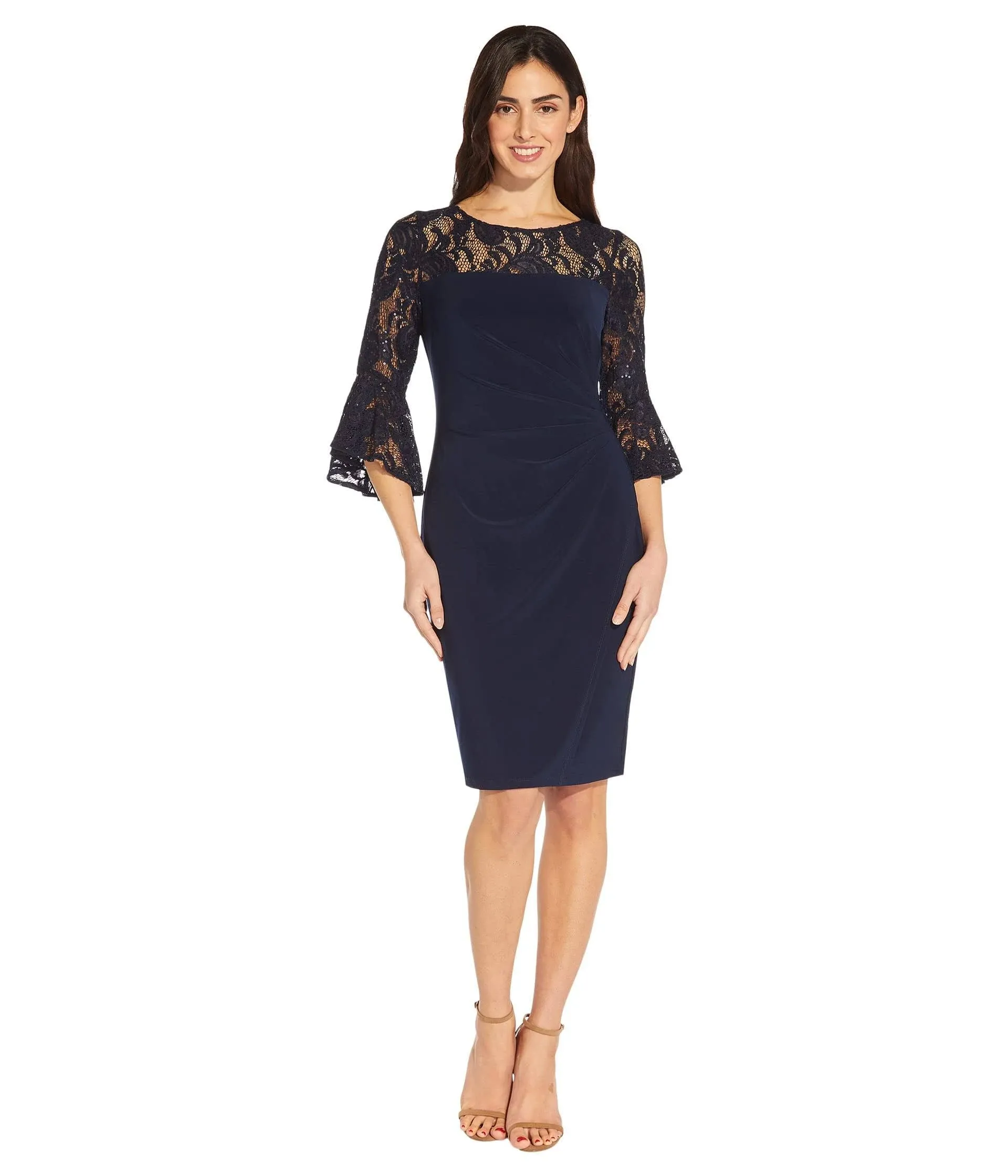 Adrianna Papell Women&#039;s Bell Sleeve Jersey Drape Dress 4, Midnight