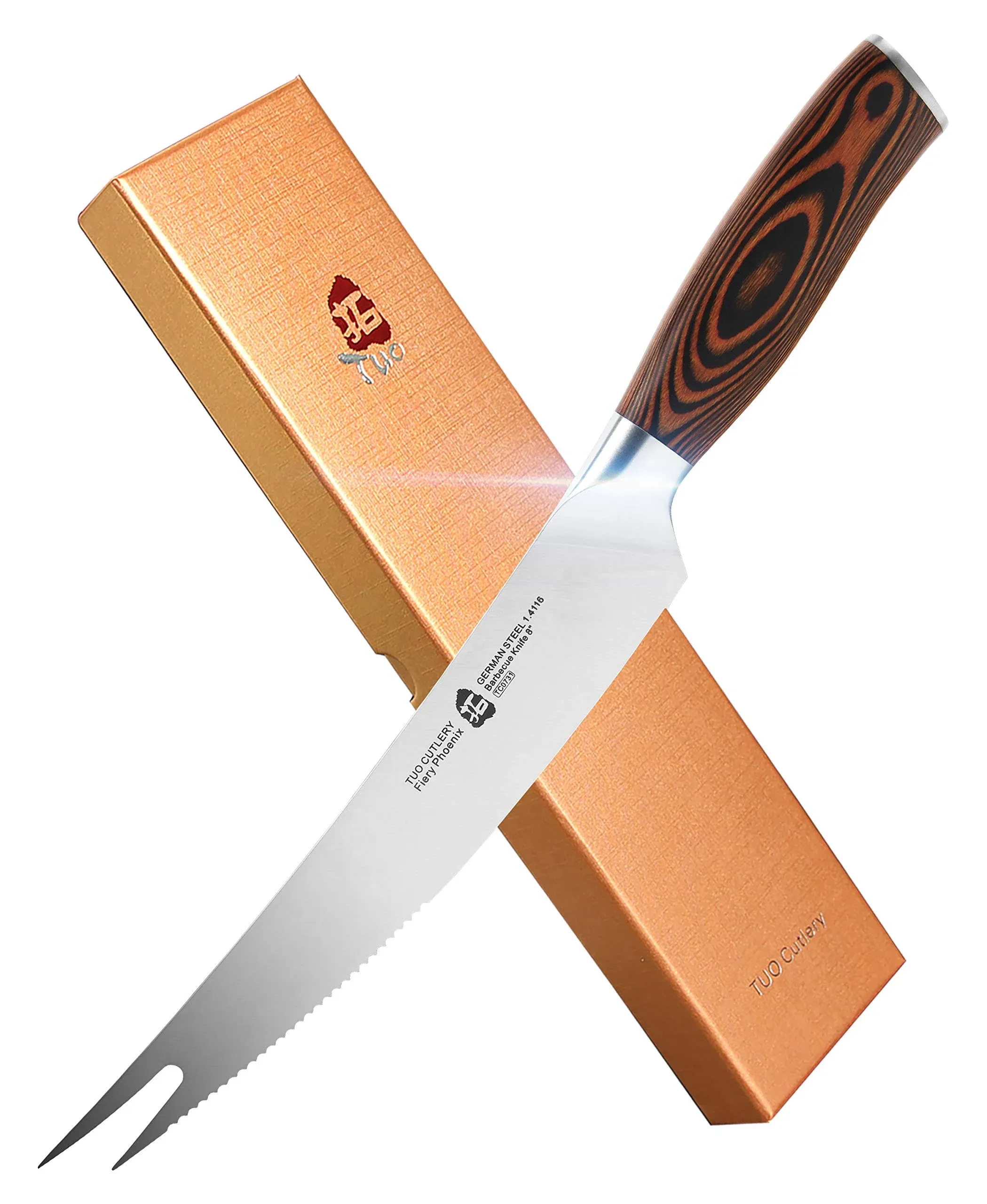 TUO - 8'' Barbecue Knife - Meat & Carving Forks Knife Ham&Butter Knives Fork-Shaped Tip Knives Flexible Utility Knife - HC German Steel Full Tang Pakkawood Handle - Gift Box Included - Fiery Series