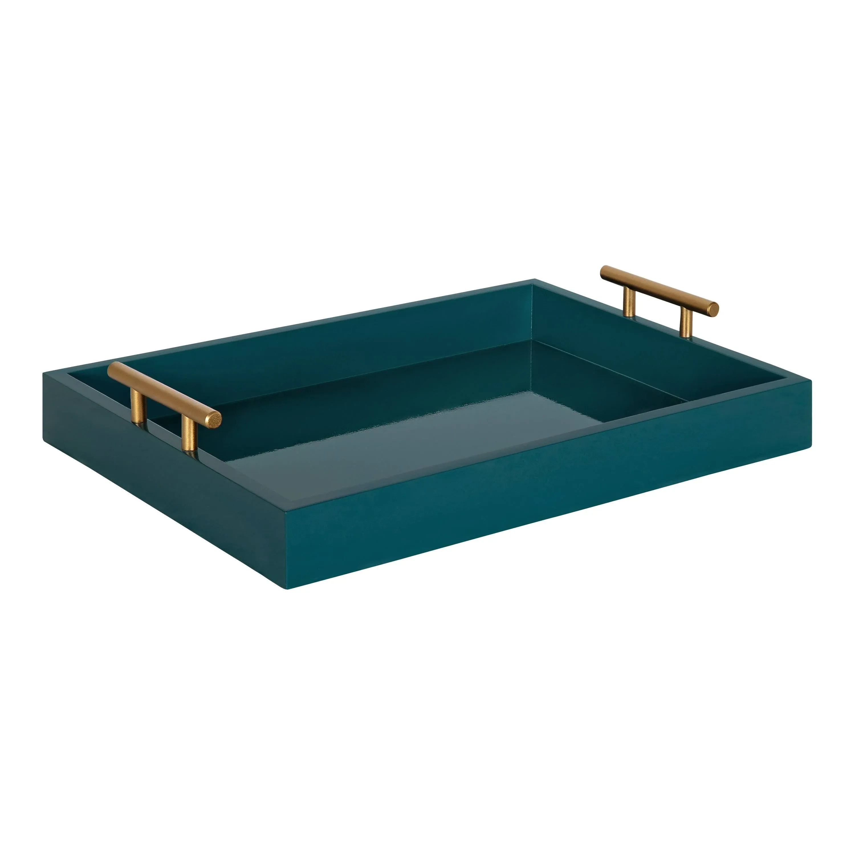 Kate and Laurel Lipton Mid Century Modern Decorative Wood Tray with Brushed Gold Metal Handles Dark Teal