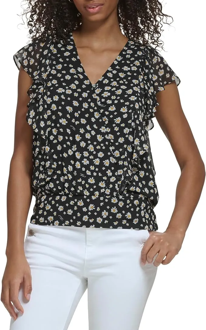 Karl Lagerfeld Women&#039;s Floral-Print Short-Sleeve Top. Sz XS . $79.50 Value