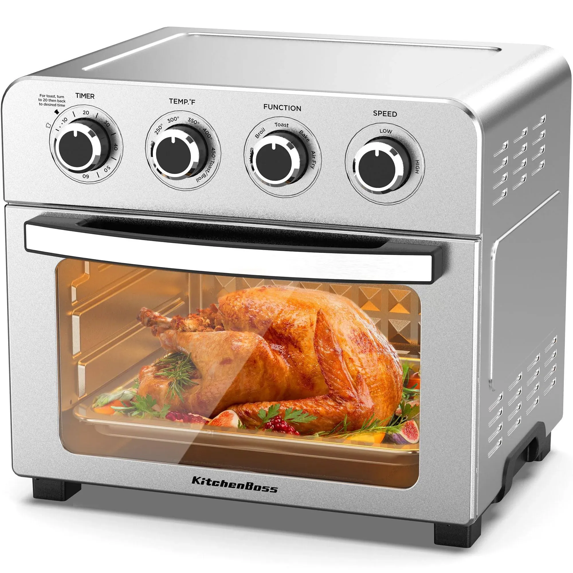 KitchenBoss Air Fryer Toaster Oven: 24.3QT/23L Airfryer with Warm, Broil, Toast, Bake, Air Fry 5-in-1 Functions, Knob Control 1700W Toaster Oven Countertop with 4 Accessories, Stainless Steel