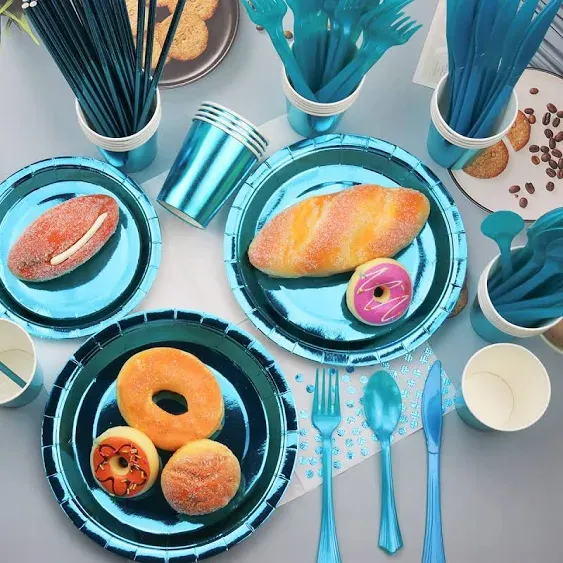 Blue Party Tableware Set Party Supplies - Include Plates, Cups, Napkins, Banner, Tablecloth, Straws - for Graduation Wedding Birthday Party Anniversary Baby Shower Serves 20 Guests