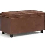 SIMPLIHOME Cosmopolitan 34 inch Wide Rectangle Lift Top Storage Ottoman in Upholstered Distressed Saddle Brown Tufted Faux Leather, Footrest Stool, Coffee Table for Living Room, Bedroom and Kids Room