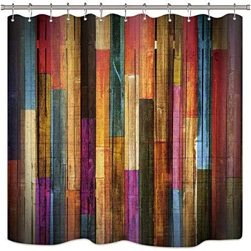 Riyidecor Colorful Painted Wood Shower Curtain 72Wx72H inch Plank Rustic Farmhou