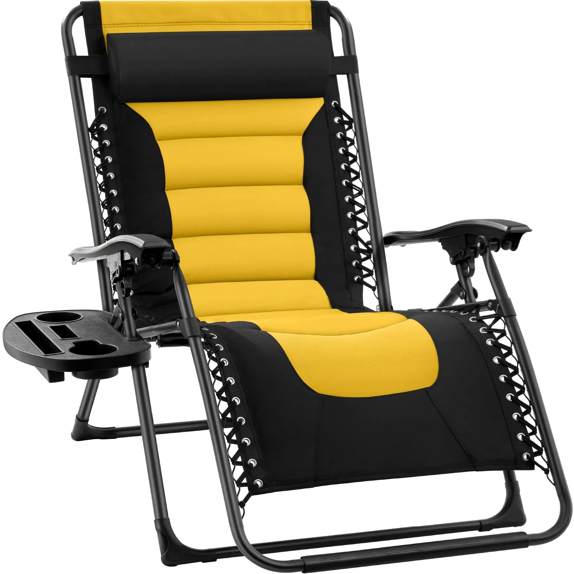 Best Choice Products Oversized Padded Zero Gravity Chair, Folding Outdoor Patio Recliner w/ Side Tray - Black/Yellow