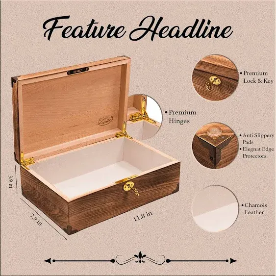 Burned Storage Keepsake Box with Key Locking - Wooden Storage Box with Chamoi...