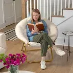 Flash Furniture 38 in. Gwen Oversize Portable Faux Fur Folding Saucer Moon Chair for Dorm & Bedroom Ivory Sherpa & Soft Gold Frame