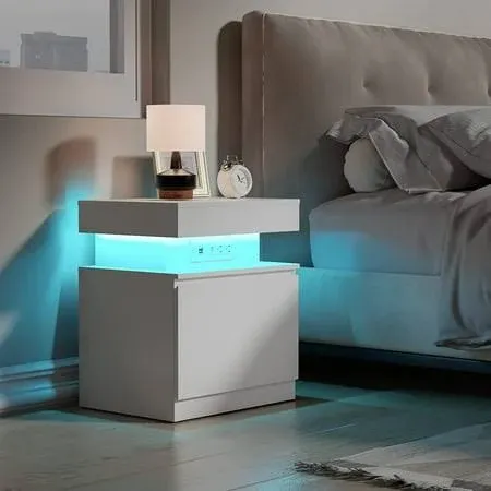 Cozy Castle White LED Nightstand with LED Lights and Charging Station, Small ...