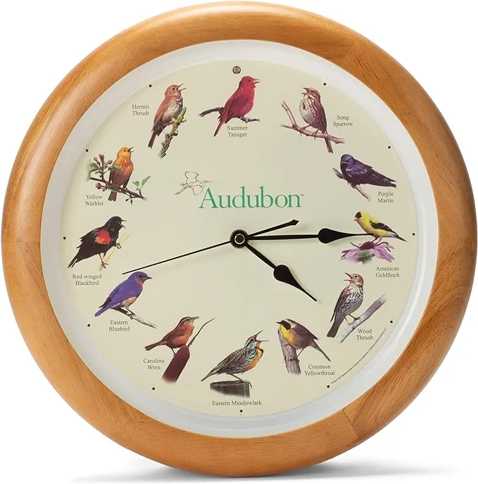 Audubon Society Singing Bird Clock, Oak Wood Frame, 13"