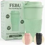 Febu Plant-Based Reusable Coffee Cup with Lid and Sleeve | 16oz, Sage Green | Portable Travel Mug Made from Bamboo | Dishwasher Safe, Zero Waste, PLA