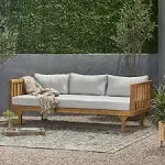 Christopher Knight Home Tina Outdoor 3 Seater Acacia Wood Daybed, Teak Finish, Light Grey