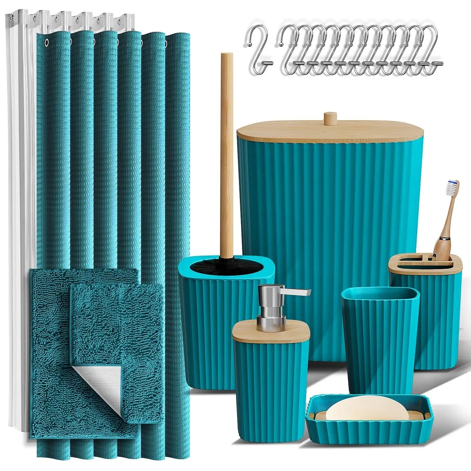 Clara Clark Bamboo Bathroom Accessories Set with Shower Curtain Set, Toilet Brush, Trash Can & Soap Dispenser - Complete Set - Navy Blue