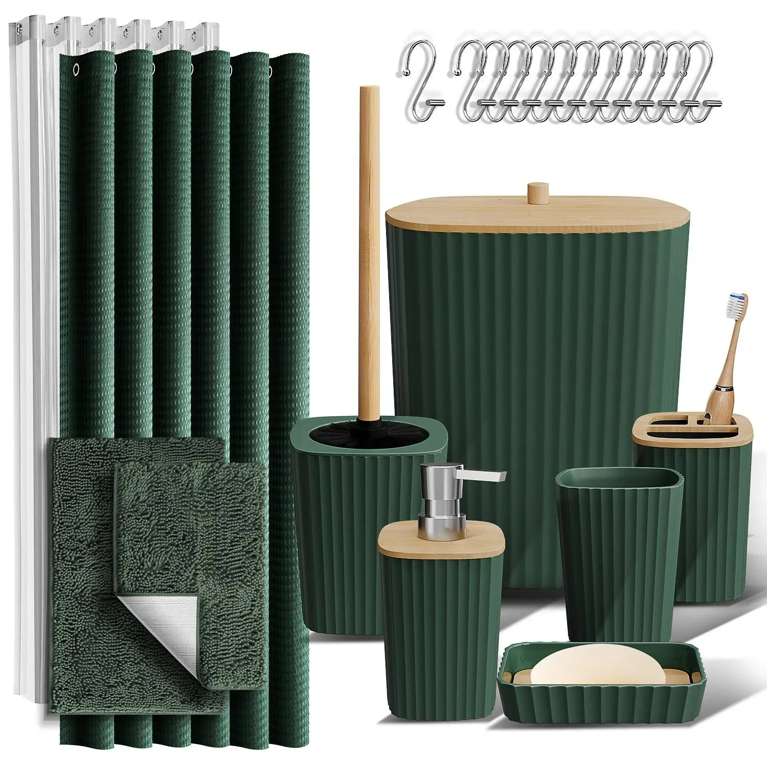 Clara Clark Bathroom Accessories Set - Green Bathroom Set, Bathroom Sets with Shower Curtain and Rugs, 22pc Shower Curtain Set with Bathroom Trash