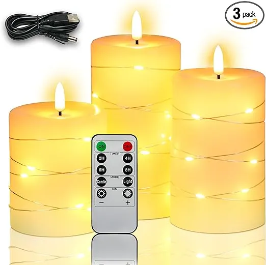 Rechargeable Flameless Candle With String Lights Usb Lvory Led Candle With Remot