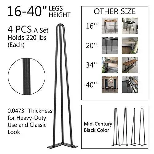 VEVOR Hairpin Table Legs 16" Black Set of 4 Desk Legs 880lbs Total Load Capacity Hairpin Desk Legs 3 Rods for Bench Desk Dining End Table Chairs Carbon Steel DIY Heavy Duty Furniture Legs