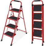 Folding step 4 step stool, heavy duty sturdy safety steel high step ，red