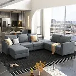 Honbay Modular Sectional Sofa with Reversible Chaises Sofa with Ottomans U Shaped Sectional Couch for Living Room, Bluish Grey