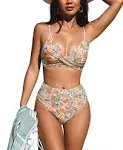 Cupshe Floral Print Twist Bralette & Spliced High Waist Bikini Set Canada - Pink - M