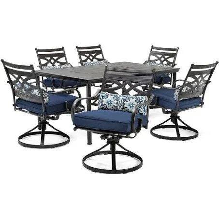 Hanover MCLRDN7PCSQSW6-NVY Dining Set Navy Blue with 6 Swivel Rockers & 40 x 67 in. Dining Table 7 Piece