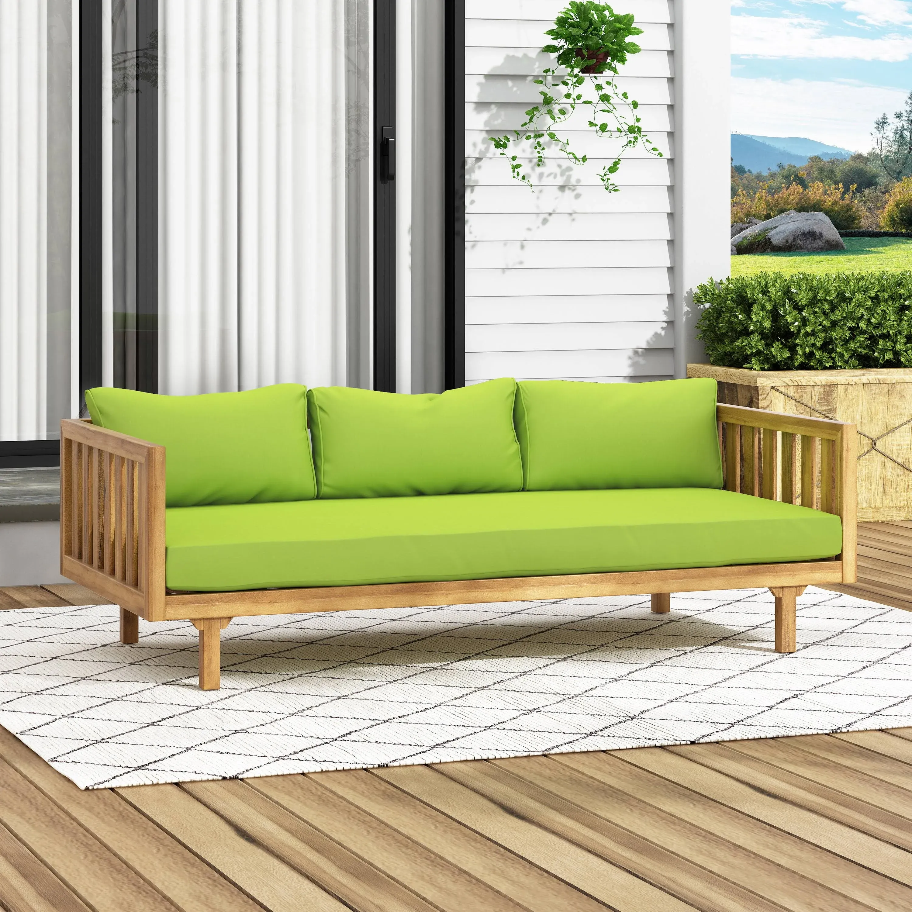 Lainey Acacia Wood Outdoor 3 Seater Daybed with Cushions, Teak and Green