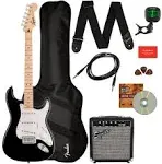 Fender Squier Sonic Strat Pack - Black Bundle with Frontman 10g Amp, Gig Bag, Strap, Cable, Picks, Fender Play, and Austin Bazaar Guitar DVD