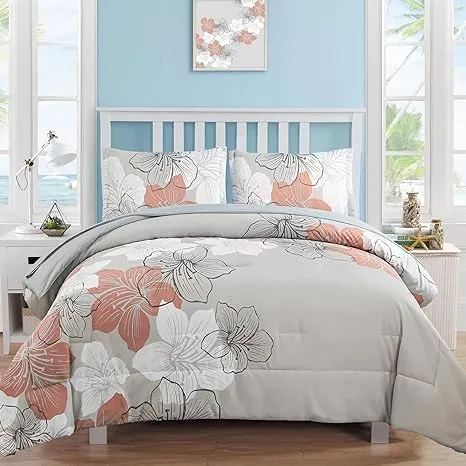 Blue Floral Comforter Set King 7 Pieces Bed in a Bag Soft Microfiber Blue Beddin