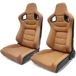 Ikon MOTORSPORTS, Universal Racing SEATS Pair with Dual Sliders, Reclinable Brown with Stitch PU & Carbon Leather Sport Bucket Seats, 1 Pair Driver