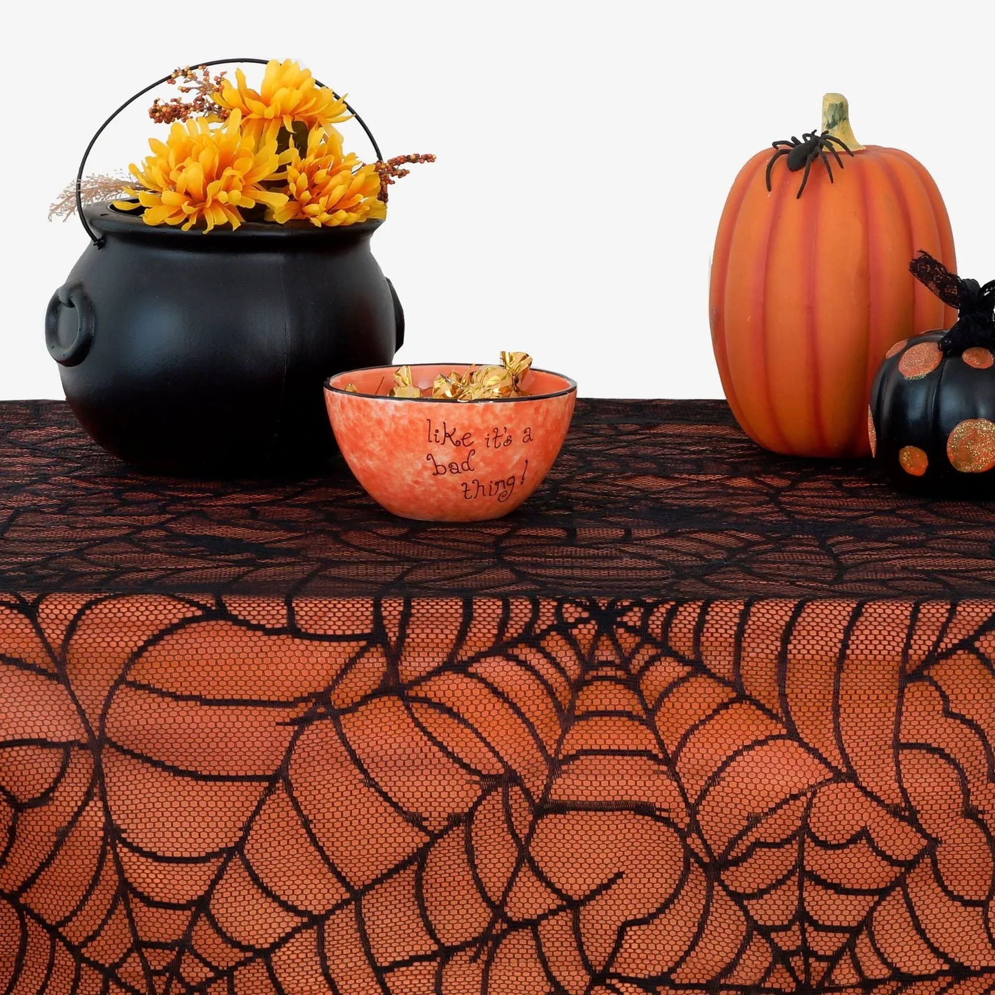 Elrene Home Fashions Crawling Spider Halloween Tablecloth Lace Lined with Removable Orange Plastic Liner, 60" x 84" Rectangle, Orange & Black