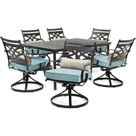 Hanover Montclair 7-Piece Outdoor Dining Set with 6 Swivel Rockers, Ocean Blue Cushions and Stamped Steel Rectangular Dining Table, Patio Dining Set for 6, Premium All-Weather Patio Furniture for Deck