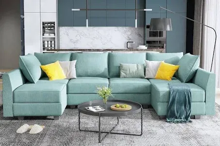 Honbay Polyester Modular Sectional Sofa with Storage Seat, Aqua Blue / U2