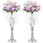 LANLONG 2pcs Silver Metal Flower Vases Crystal Flower Stand Wedding Centerpie...