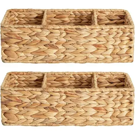 StorageWorks Wicker Toilet Basket Tank Topper, Toilet Paper Basket for Back of Toilet Tank Top, 3-Section Water Hyacinth Storage Baskets, 2-Pack