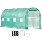 VEVORbrand Walk-in Tunnel Greenhouse, 15 x 7 x 7 ft Portable Plant Hot House w/ Galvanized Steel Hoops, 1 Top Beam, Diagonal Poles, Zippered Door & 8 Roll-up Windows, Green