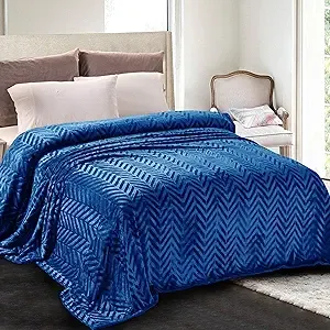 Whale Flotilla Flannel Fleece Twin Size Bed Blanket, Twin XL Soft Velvet Lightweight Bedspread Plush Fluffy Coverlet Chevron Design Decorative Blanket for All Season, 90x66 Inch, Royal Blue