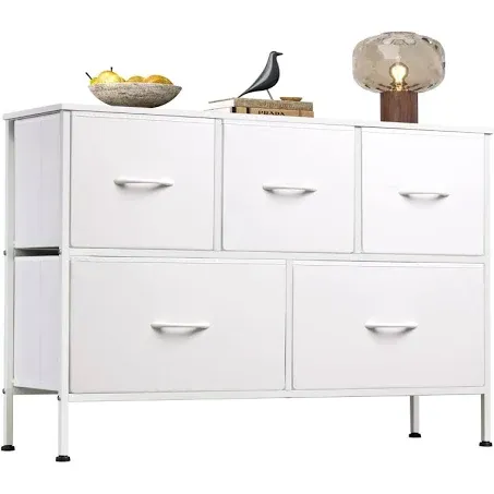 WLIVE Dresser with 5 Drawers, Dressers for Bedroom, Fabric Storage Tower, Hallway, Entryway, Closets, Sturdy Steel Frame, Wood Top, Easy Pull Handle (White)