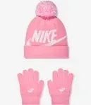 Nike Youth Swoosh Pom Beanie & Gloves Set in Pink/White