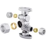 1/4 Turn Dual Compression Outlet Angle Stop Valve with 2 Shut Off Valve/Handles, 1/2" NOM (5/8" OD) x (3/8 inch x 3/8 inch) Chrome